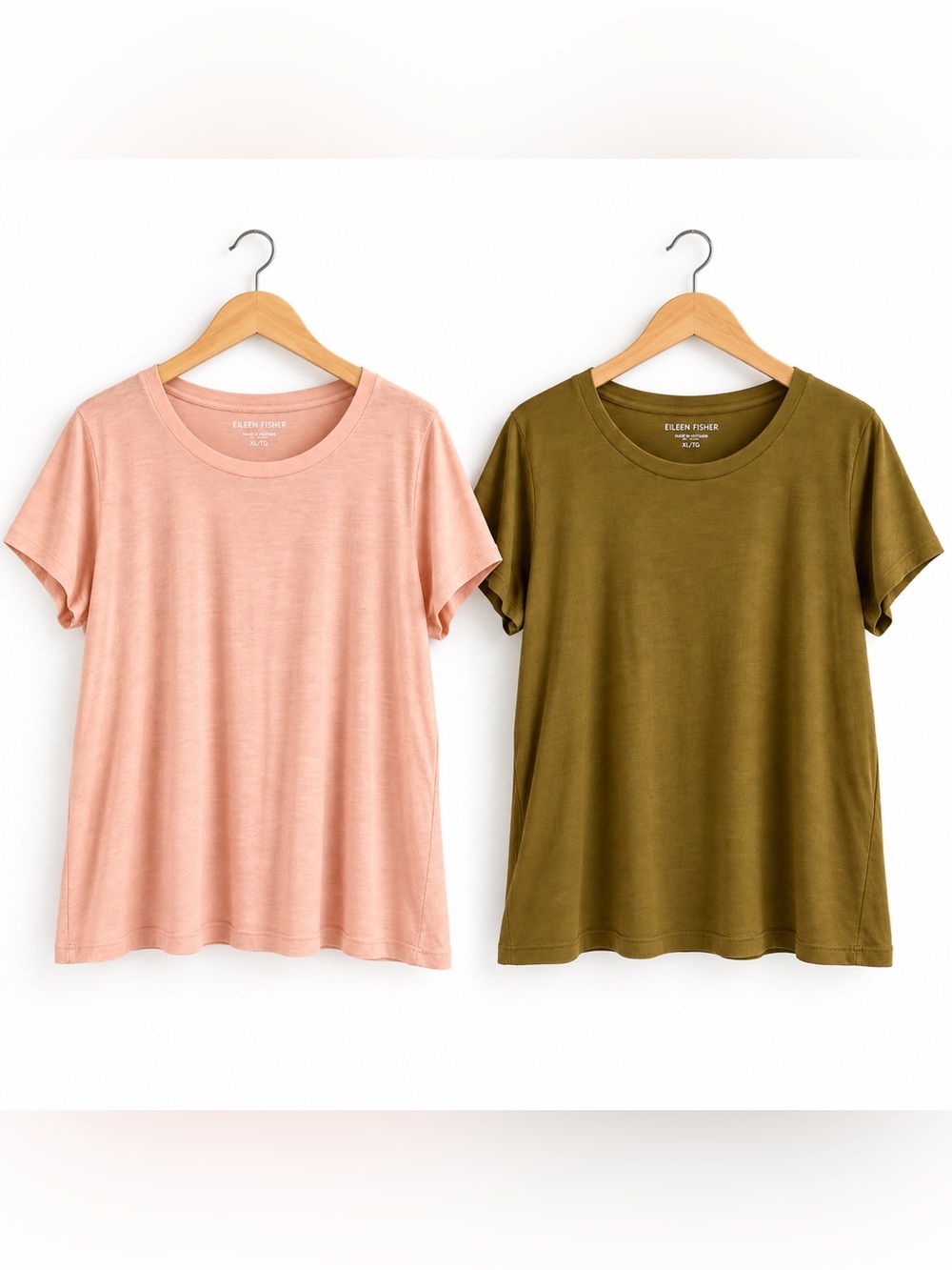 Eileen Fisher Two-Organic Cotton Crew Neck T-Shirts In Pink & Olive Green XL